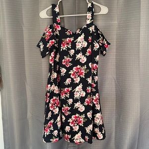 Blue Rain Off the Shoulder Floral Dress. Dark blue white and red flower dress